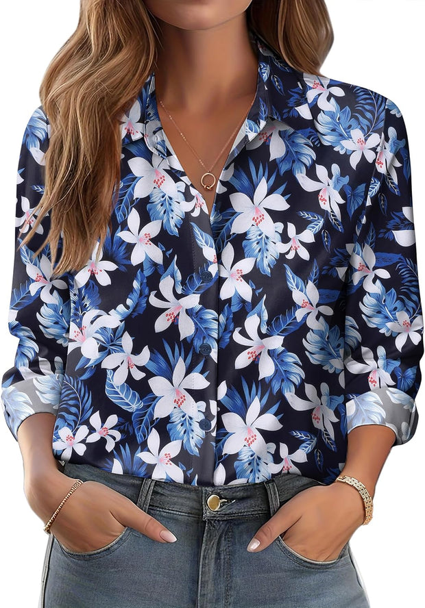 Zeagoo Button Down Shirts for Women Dressy Floral Printed Long Sleeve Blouse Business Casual Work Tops