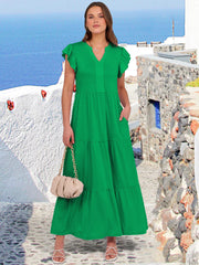 ANRABESS Womens Summer Casual Maxi Dress V Neck Ruffle Sleeve Long Dresses Fashion Flowy Tiered Boho Beach Vacation Sundress Black Large