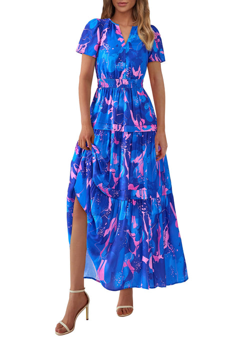 PRETTYGARDEN Women's 2025 Summer Boho Maxi Dresses Floral Short Sleeve V Neck A Line Tiered Flowy Long Beach Vacation Dress (White Pink Floral,Large)