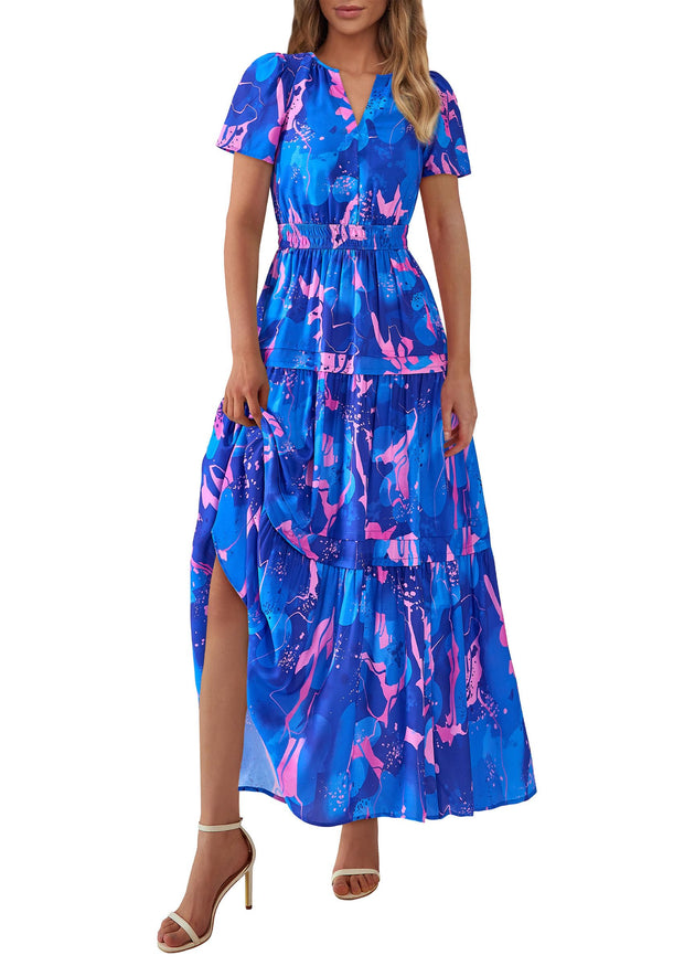 PRETTYGARDEN Women's 2025 Summer Boho Maxi Dresses Floral Short Sleeve V Neck A Line Tiered Flowy Long Beach Vacation Dress (White Pink Floral,Large)