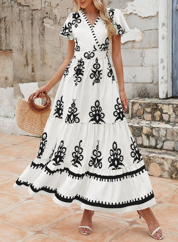 PRETTYGARDEN Womens 2025 Summer Casual V Neck Boho Maxi Dress Flowy Aline Bell Sleeve Tiered Floral Dresses with Pocket (Floral Apricot Black,X-Large)