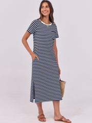 ANRABESS Womens Summer Casual Midi Dress Short Sleeve Crewneck T Shirt Long Dresses Split Stripe Beach Vacation Travel Outfit Small