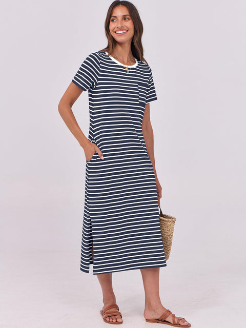 ANRABESS Womens Summer Casual Midi Dress Short Sleeve Crewneck T Shirt Long Dresses Split Stripe Beach Vacation Travel Outfit Small