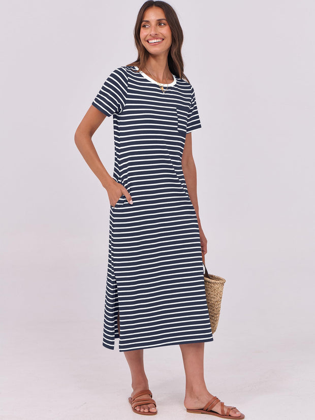 ANRABESS Womens Summer Casual Midi Dress Short Sleeve Crewneck T Shirt Long Dresses Split Stripe Beach Vacation Travel Outfit Small