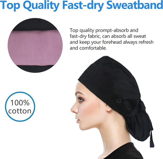 QBA Adjustable Working Cap with Button, Satin-Lined Hat, Cotton Working Hat Sweatband, Elastic Tie Back Hats Unisex