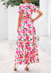 PRETTYGARDEN Women's 2025 Summer Boho Maxi Dresses Floral Short Sleeve V Neck A Line Tiered Flowy Long Beach Vacation Dress (White Pink Floral,Large)