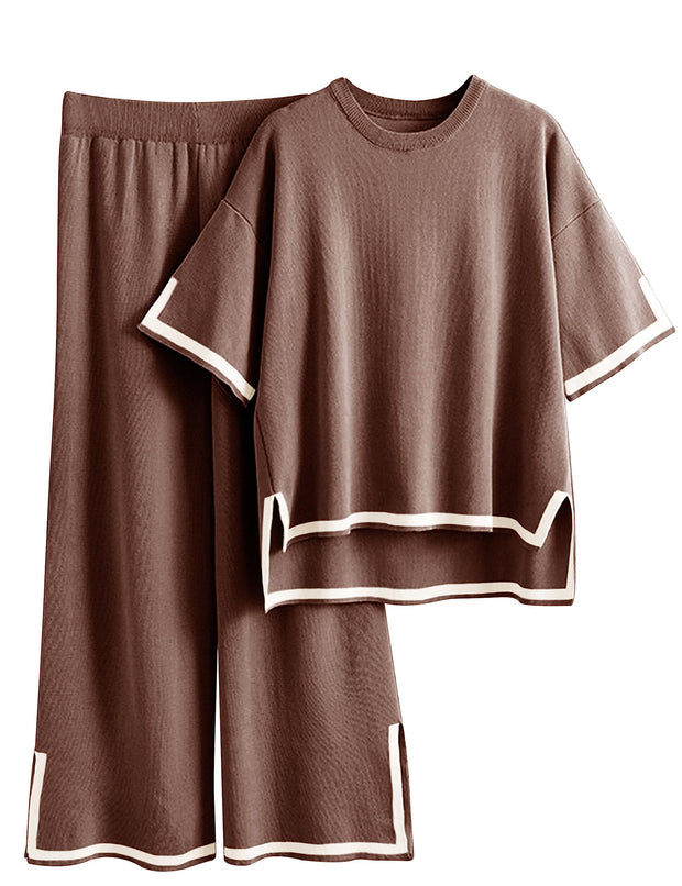 Tanming Sweater Sets Women 2 Piece Lounge Sets Short Sleeve Knit Pullover Tops Wide Leg Pants
