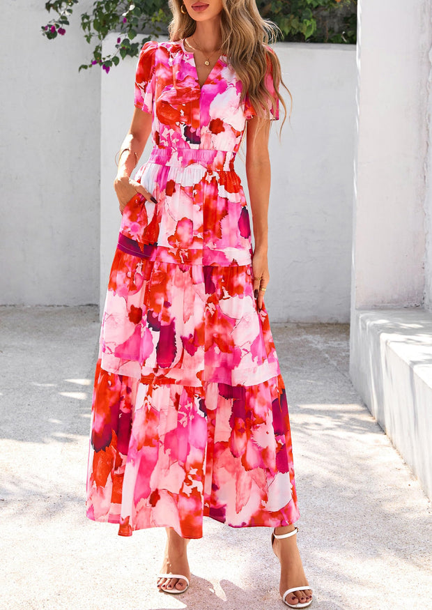 PRETTYGARDEN Women's 2025 Summer Boho Maxi Dresses Floral Short Sleeve V Neck A Line Tiered Flowy Long Beach Vacation Dress (White Pink Floral,Large)