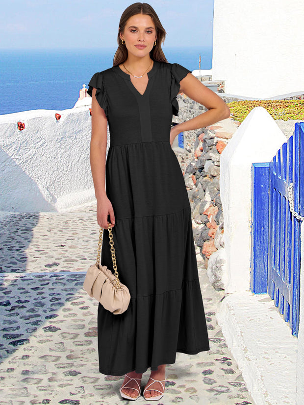 ANRABESS Womens Summer Casual Maxi Dress V Neck Ruffle Sleeve Long Dresses Fashion Flowy Tiered Boho Beach Vacation Sundress Black Large