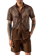 LecGee Men Summer Casual Short Sets Lace Short Sleeve Button Down Shirt Elastic Waist Shorts 2 Piece Outfits Tracksuit