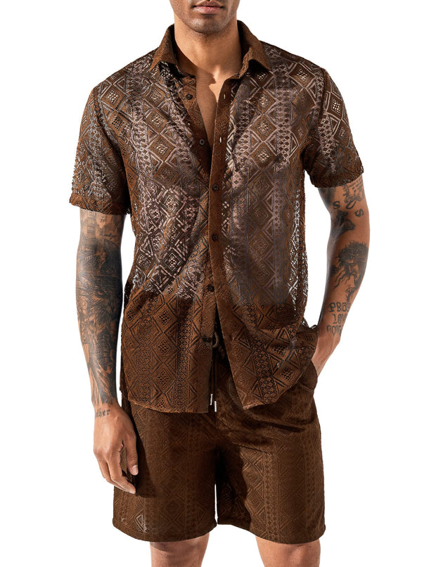 LecGee Men Summer Casual Short Sets Lace Short Sleeve Button Down Shirt Elastic Waist Shorts 2 Piece Outfits Tracksuit