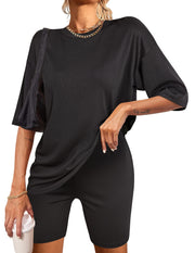 Ekouaer Pajamas 2 Piece Lounge Sets Ribbed Knit Matching Outfits T-shirt Biker Shorts Sleepwear Loungewear Sweatsuits