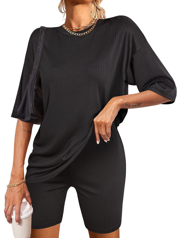 Ekouaer Pajamas 2 Piece Lounge Sets Ribbed Knit Matching Outfits T-shirt Biker Shorts Sleepwear Loungewear Sweatsuits