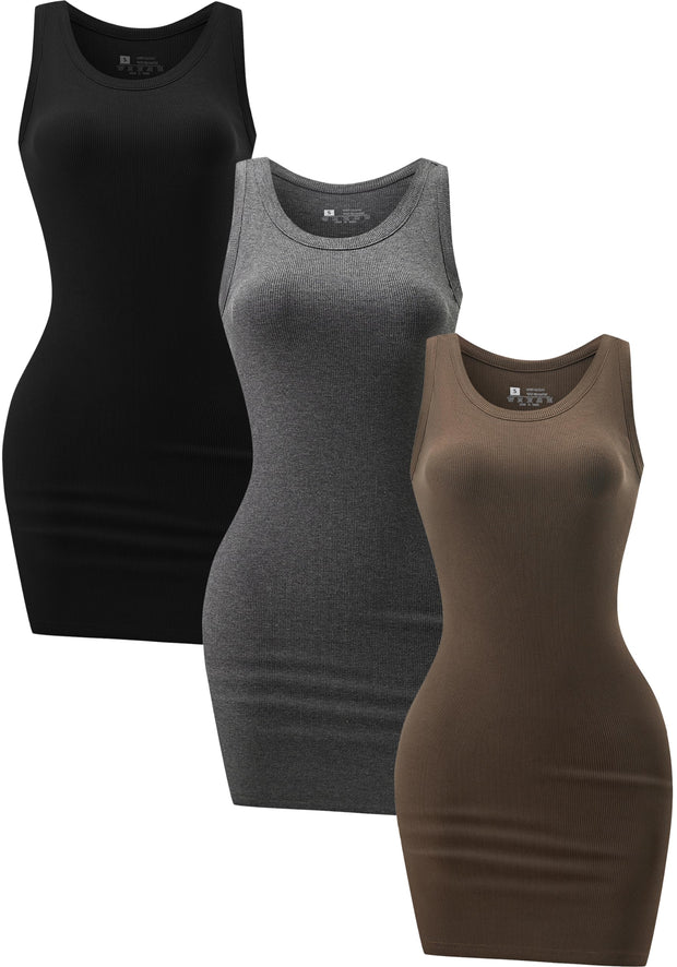 3 Piece Womens Summer Ribbed Tank Dress Scoop Neck Sleeveless Tank Top Dresses Basic Bodycon Mini Dress