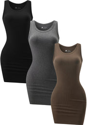 3 Piece Womens Summer Ribbed Tank Dress Scoop Neck Sleeveless Tank Top Dresses Basic Bodycon Mini Dress