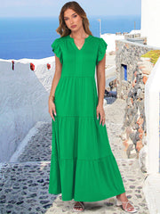 ANRABESS Womens Summer Casual Maxi Dress V Neck Ruffle Sleeve Long Dresses Fashion Flowy Tiered Boho Beach Vacation Sundress Black Large