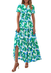 PRETTYGARDEN Women's 2025 Summer Boho Maxi Dresses Floral Short Sleeve V Neck A Line Tiered Flowy Long Beach Vacation Dress (White Pink Floral,Large)