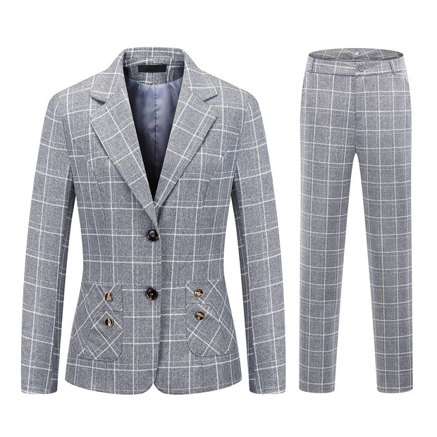 Womens 2 Piece Plaid Suits Set Business Office One Button Blazer Jacket Casual Long Sleeve Pant Suit Set