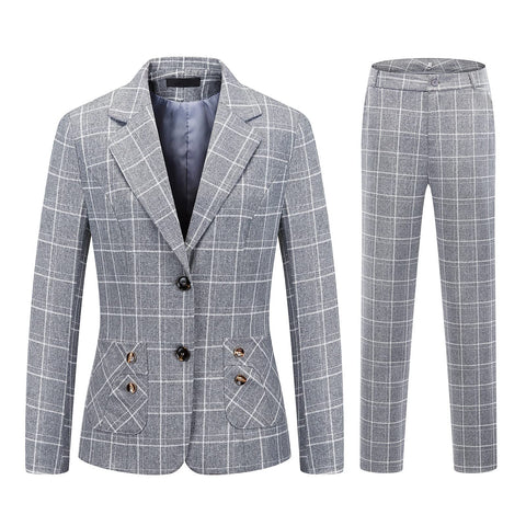 Womens 2 Piece Plaid Suits Set Business Office One Button Blazer Jacket Casual Long Sleeve Pant Suit Set