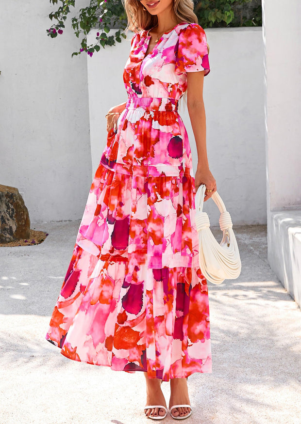 PRETTYGARDEN Women's 2025 Summer Boho Maxi Dresses Floral Short Sleeve V Neck A Line Tiered Flowy Long Beach Vacation Dress (White Pink Floral,Large)