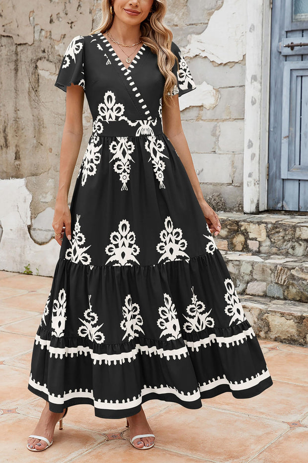 PRETTYGARDEN Womens 2025 Summer Casual V Neck Boho Maxi Dress Flowy Aline Bell Sleeve Tiered Floral Dresses with Pocket (Floral Apricot Black,X-Large)