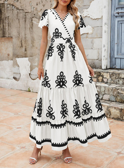 PRETTYGARDEN Womens 2025 Summer Casual V Neck Boho Maxi Dress Flowy Aline Bell Sleeve Tiered Floral Dresses with Pocket (Floral Apricot Black,X-Large)