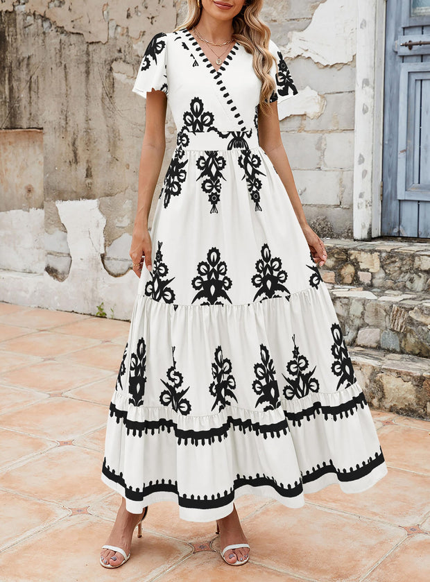 PRETTYGARDEN Womens 2025 Summer Casual V Neck Boho Maxi Dress Flowy Aline Bell Sleeve Tiered Floral Dresses with Pocket (Floral Apricot Black,X-Large)