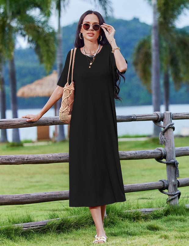 Zeagoo Women Long Sun Dress Summer T Shirt Dresses Beach Dress Casual Short Sleeve Tropical O Neck A Line Maxi Dresses Loose Side Slit Cover Up with Pockets 2025 Black XXL