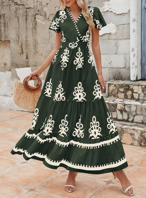PRETTYGARDEN Womens 2025 Summer Casual V Neck Boho Maxi Dress Flowy Aline Bell Sleeve Tiered Floral Dresses with Pocket (Floral Apricot Black,X-Large)