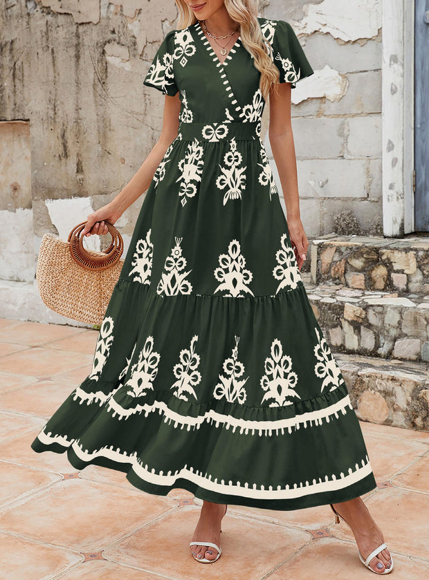 PRETTYGARDEN Womens 2025 Summer Casual V Neck Boho Maxi Dress Flowy Aline Bell Sleeve Tiered Floral Dresses with Pocket (Floral Apricot Black,X-Large)
