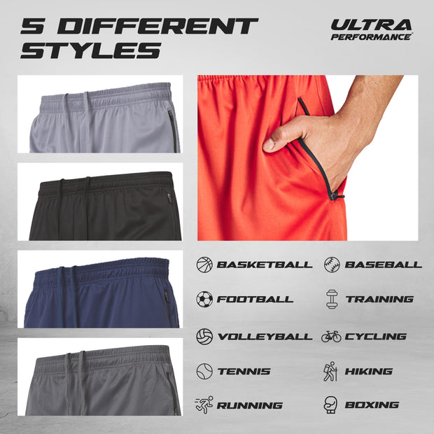 Ultra Performance Mens 5 Pack Athletic Running Shorts, Basketball Gym Workout Shorts for Men with Zippered Pockets