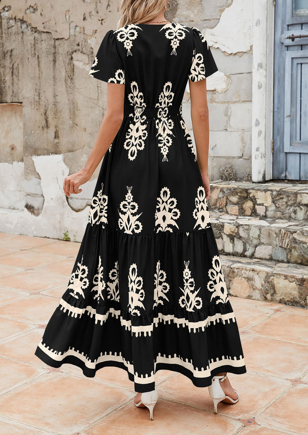 PRETTYGARDEN Womens 2025 Summer Casual V Neck Boho Maxi Dress Flowy Aline Bell Sleeve Tiered Floral Dresses with Pocket (Floral Apricot Black,X-Large)