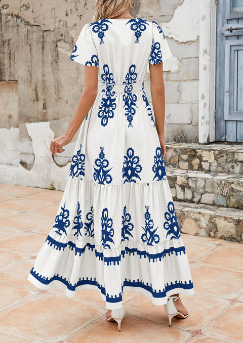 PRETTYGARDEN Womens 2025 Summer Casual V Neck Boho Maxi Dress Flowy Aline Bell Sleeve Tiered Floral Dresses with Pocket (Floral Apricot Black,X-Large)