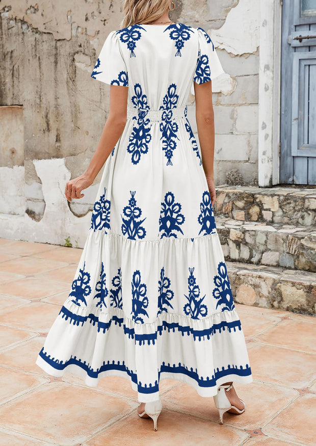 PRETTYGARDEN Womens 2025 Summer Casual V Neck Boho Maxi Dress Flowy Aline Bell Sleeve Tiered Floral Dresses with Pocket (Floral Apricot Black,X-Large)