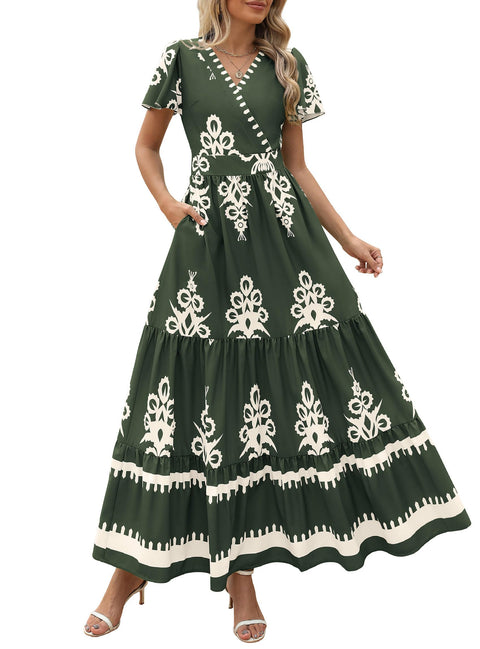 PRETTYGARDEN Womens 2025 Summer Casual V Neck Boho Maxi Dress Flowy Aline Bell Sleeve Tiered Floral Dresses with Pocket (Floral Apricot Black,X-Large)