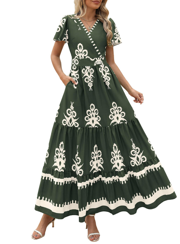 PRETTYGARDEN Womens 2025 Summer Casual V Neck Boho Maxi Dress Flowy Aline Bell Sleeve Tiered Floral Dresses with Pocket (Floral Apricot Black,X-Large)