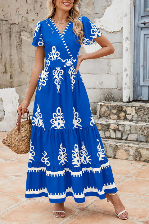 PRETTYGARDEN Womens 2025 Summer Casual V Neck Boho Maxi Dress Flowy Aline Bell Sleeve Tiered Floral Dresses with Pocket (Floral Apricot Black,X-Large)