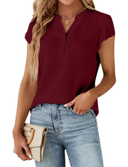 Blooming Jelly Women's Dressy Casual Tops Business Work Blouses White Button Down Shirts Cap Sleeve V Neck Tshirt