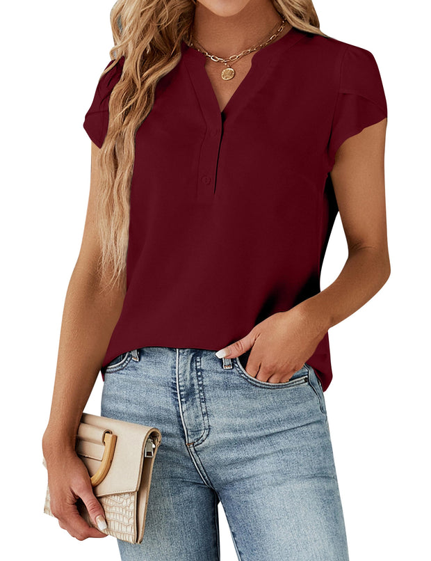 Blooming Jelly Women's Dressy Casual Tops Business Work Blouses White Button Down Shirts Cap Sleeve V Neck Tshirt