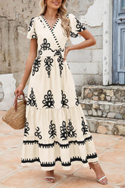 PRETTYGARDEN Womens 2025 Summer Casual V Neck Boho Maxi Dress Flowy Aline Bell Sleeve Tiered Floral Dresses with Pocket (Floral Apricot Black,X-Large)