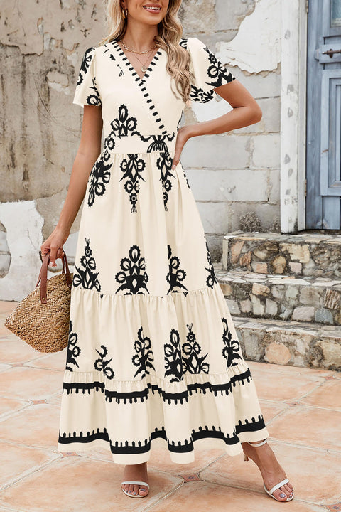 PRETTYGARDEN Womens 2025 Summer Casual V Neck Boho Maxi Dress Flowy Aline Bell Sleeve Tiered Floral Dresses with Pocket (Floral Apricot Black,X-Large)