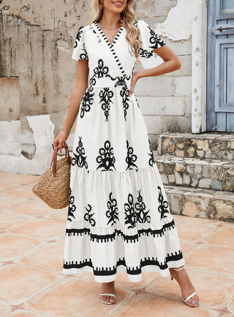 PRETTYGARDEN Womens 2025 Summer Casual V Neck Boho Maxi Dress Flowy Aline Bell Sleeve Tiered Floral Dresses with Pocket (Floral Apricot Black,X-Large)