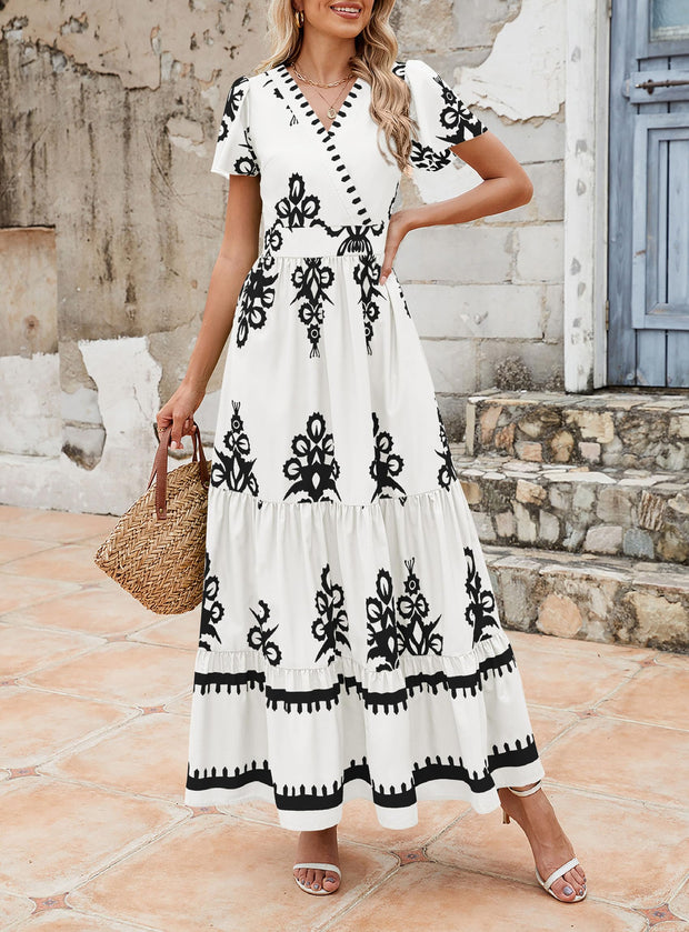 PRETTYGARDEN Womens 2025 Summer Casual V Neck Boho Maxi Dress Flowy Aline Bell Sleeve Tiered Floral Dresses with Pocket (Floral Apricot Black,X-Large)
