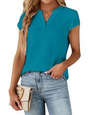 Blooming Jelly Women's Dressy Casual Tops Business Work Blouses White Button Down Shirts Cap Sleeve V Neck Tshirt