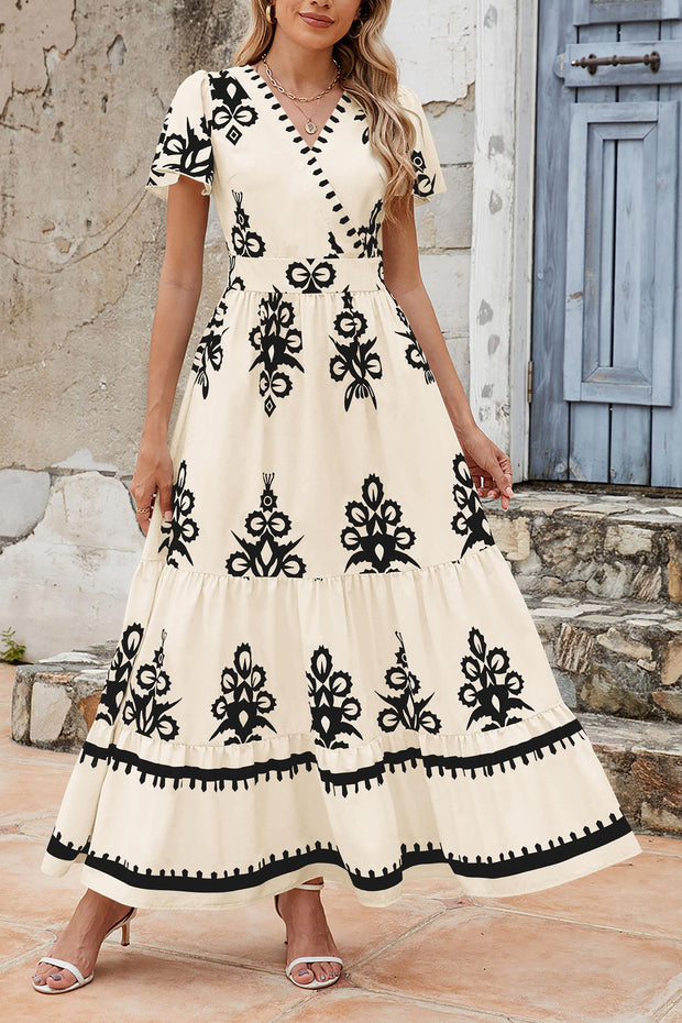 PRETTYGARDEN Womens 2025 Summer Casual V Neck Boho Maxi Dress Flowy Aline Bell Sleeve Tiered Floral Dresses with Pocket (Floral Apricot Black,X-Large)
