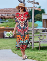 Zeagoo Women Long Sun Dress Summer T Shirt Dresses Beach Dress Casual Short Sleeve Tropical O Neck A Line Maxi Dresses Loose Side Slit Cover Up with Pockets 2025 Black XXL