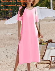 Zeagoo Women Long Sun Dress Summer T Shirt Dresses Beach Dress Casual Short Sleeve Tropical O Neck A Line Maxi Dresses Loose Side Slit Cover Up with Pockets 2025 Black XXL