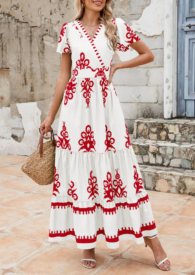 PRETTYGARDEN Womens 2025 Summer Casual V Neck Boho Maxi Dress Flowy Aline Bell Sleeve Tiered Floral Dresses with Pocket (Floral Apricot Black,X-Large)