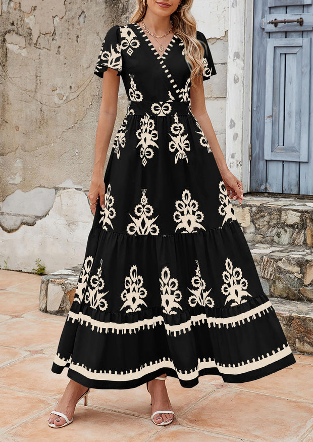 PRETTYGARDEN Womens 2025 Summer Casual V Neck Boho Maxi Dress Flowy Aline Bell Sleeve Tiered Floral Dresses with Pocket (Floral Apricot Black,X-Large)