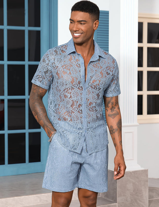LecGee Men Summer Casual Short Sets Lace Short Sleeve Button Down Shirt Elastic Waist Shorts 2 Piece Outfits Tracksuit